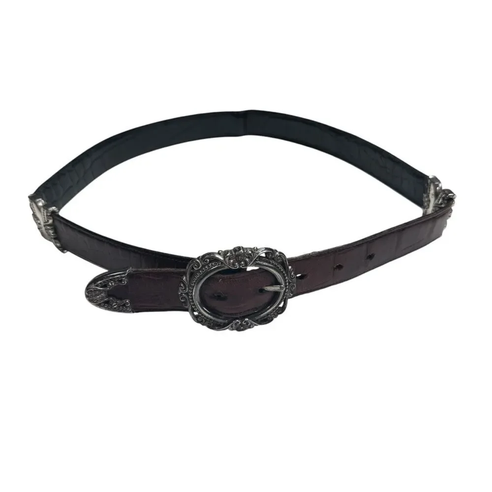 Vintage Reversible Leather Belt Brown Black Ornate Silvertone Embellishments L